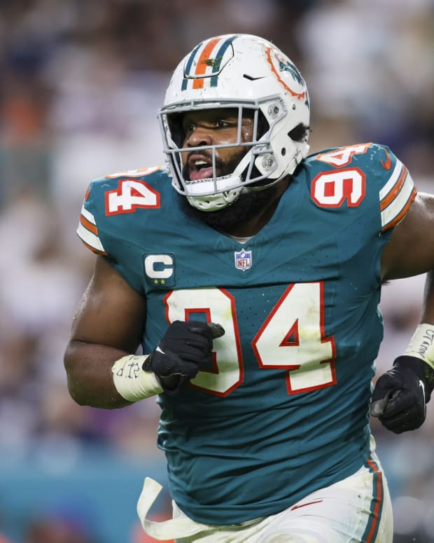 Dec 24, 2023; Miami Gardens, Florida, USA; Miami Dolphins defensive tackle Christian Wilkins (94) looks on against the Dallas Cowboys during the second quarter at Hard Rock Stadium.